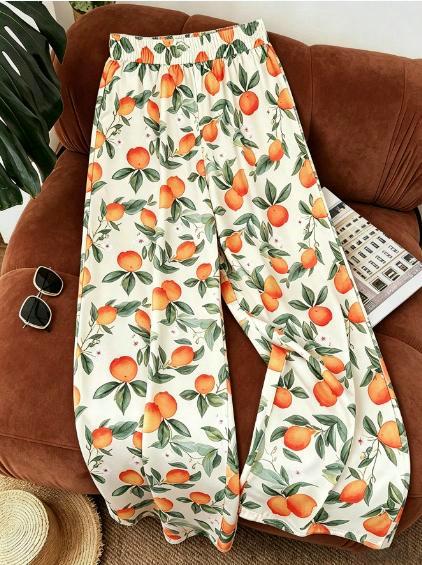 Novelty Print Elastic Waist Flowy Wide Leg Pants - Orange - 3