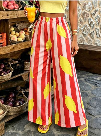 Novelty Print Elastic Waist Flowy Wide Leg Pants - Red