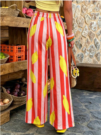 Novelty Print Elastic Waist Flowy Wide Leg Pants - Red - 1