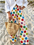 Novelty Print Elastic Waist Flowy Wide Leg Pants - White