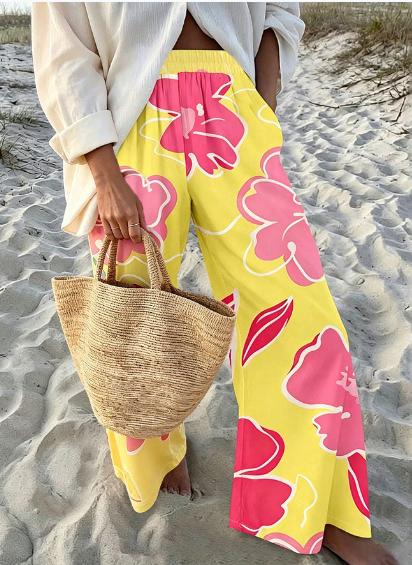 Novelty Print Elastic Waist Flowy Wide Leg Pants - Yellow