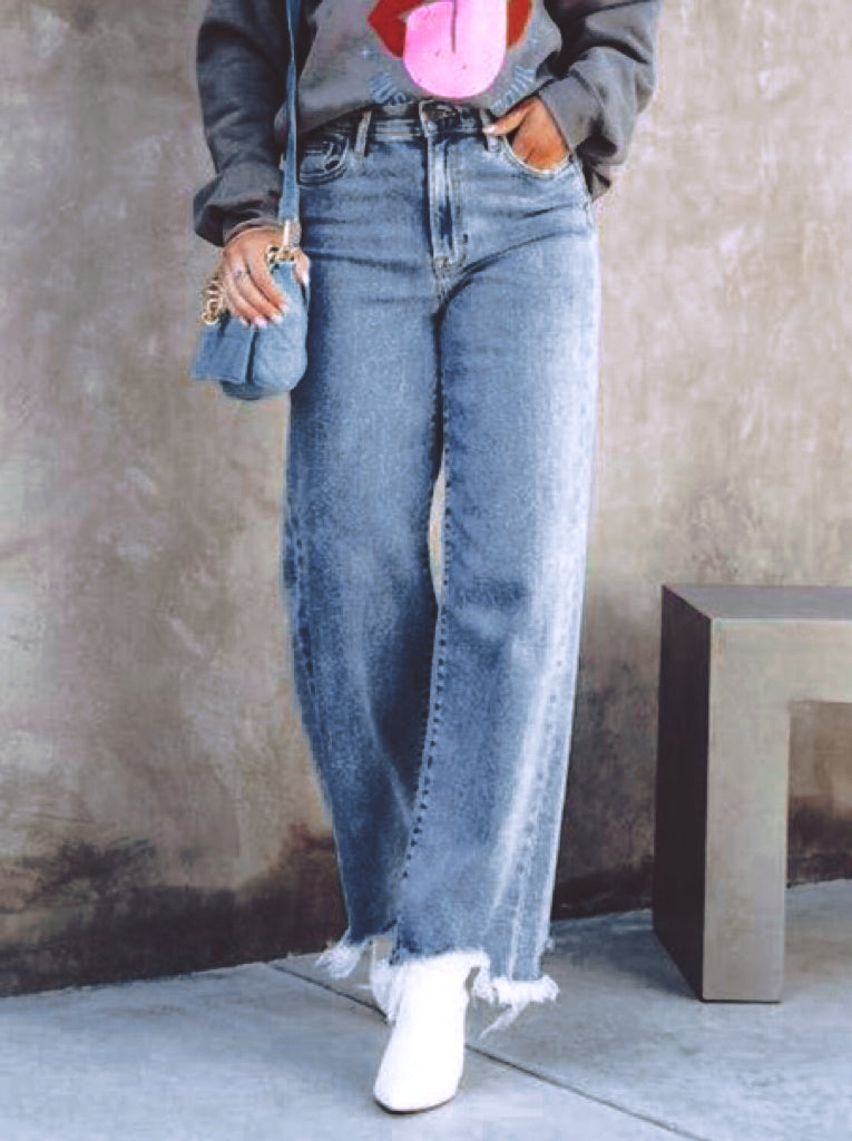 High Rise Frayed Hem Wide Leg Jeans - Blue