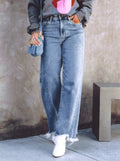 High Rise Frayed Hem Wide Leg Jeans - Blue