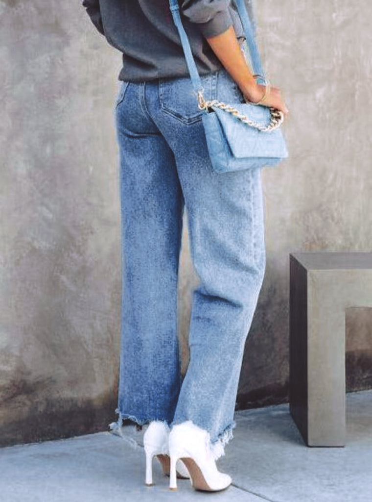 High Rise Frayed Hem Wide Leg Jeans - Blue - 1