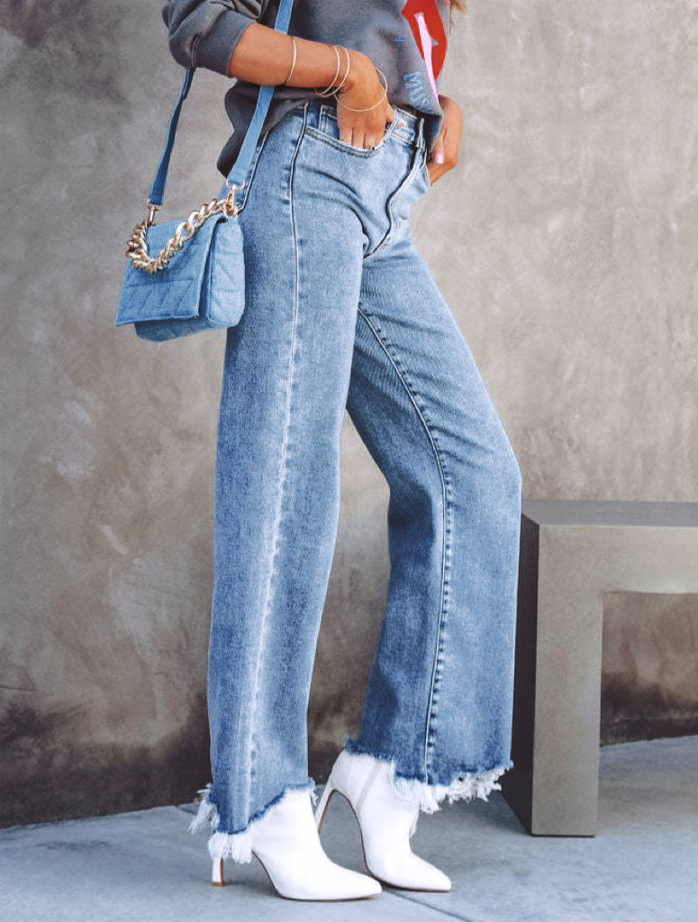 High Rise Frayed Hem Wide Leg Jeans - Blue - 3