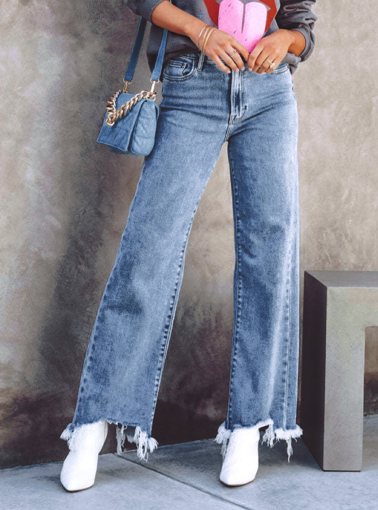 High Rise Frayed Hem Wide Leg Jeans - view 1