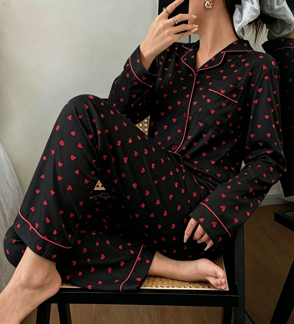 Piped Heart-Print Long-Sleeve Cotton Pajama Set - Black