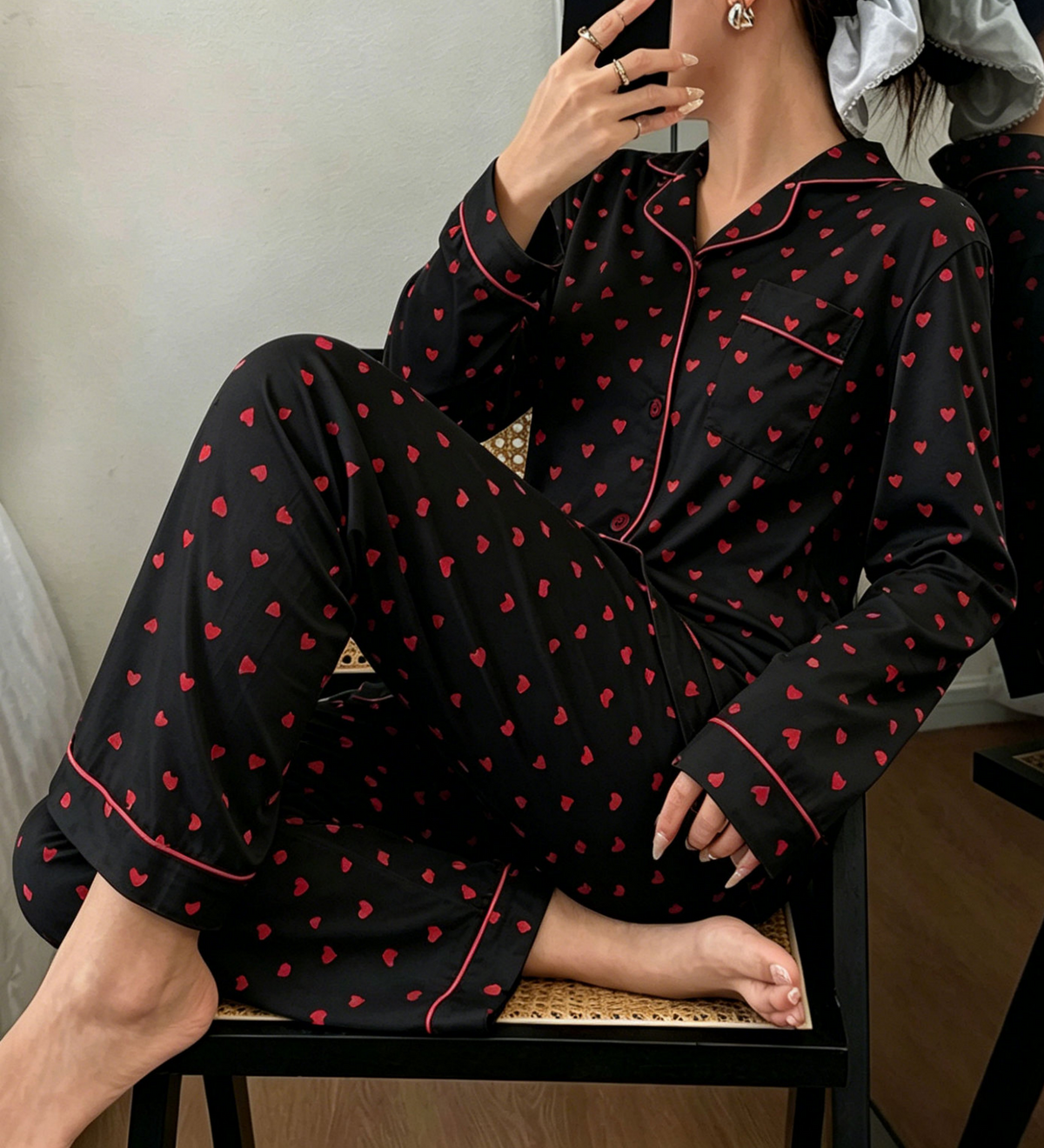 Piped Heart-Print Long-Sleeve Cotton Pajama Set - Black