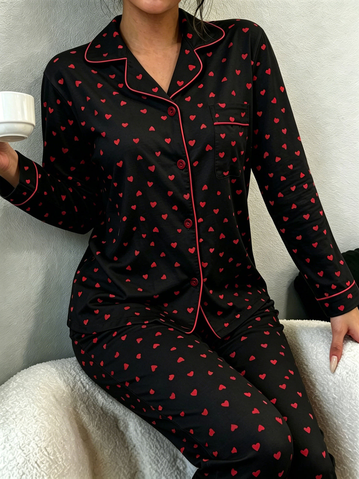Piped Heart-Print Long-Sleeve Cotton Pajama Set - Black - 2