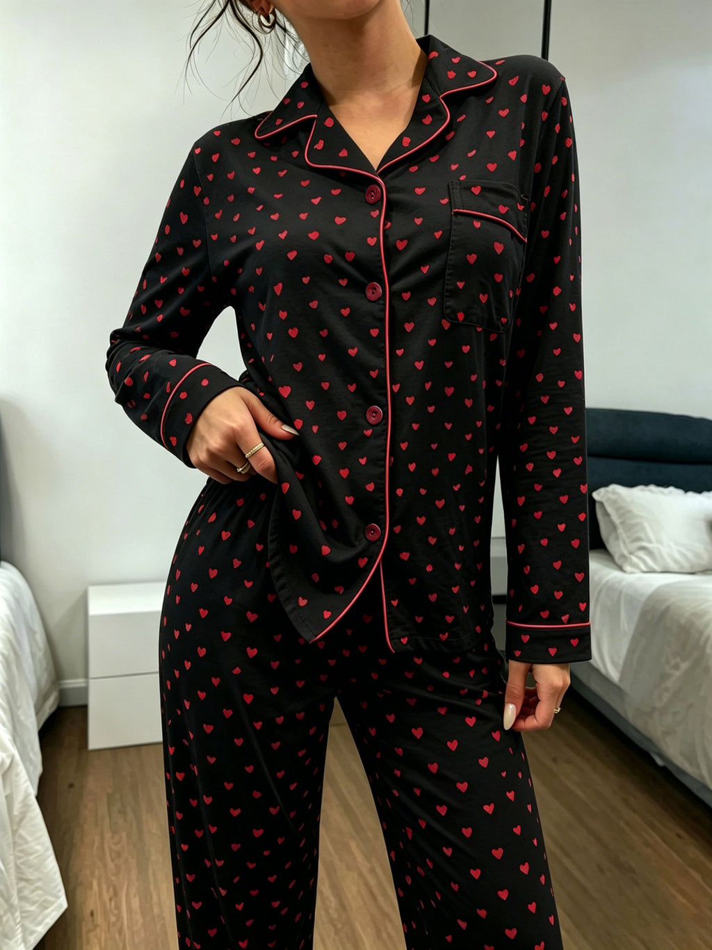 Piped Heart-Print Long-Sleeve Cotton Pajama Set - Black - 4