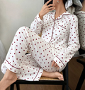 Piped Heart-Print Long-Sleeve Cotton Pajama Set - White