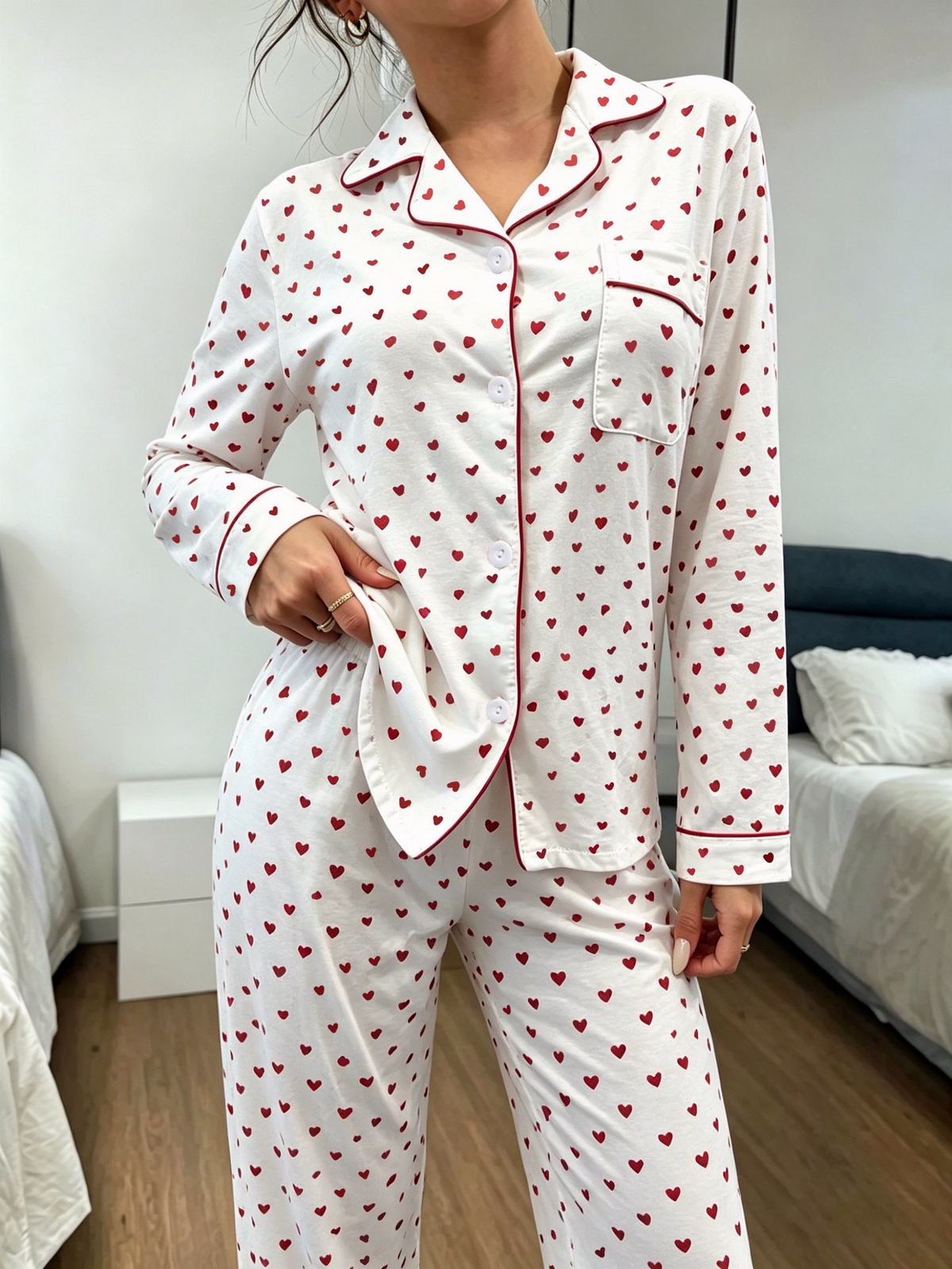 Piped Heart-Print Long-Sleeve Cotton Pajama Set - White - 2