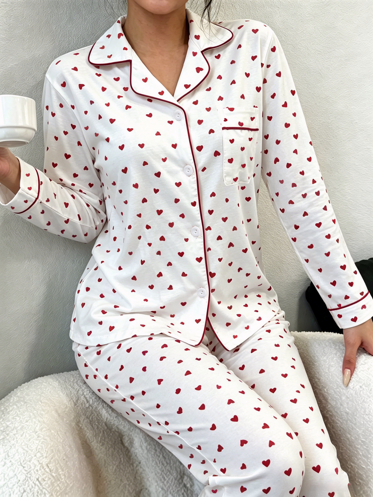 Piped Heart-Print Long-Sleeve Cotton Pajama Set - White - 3