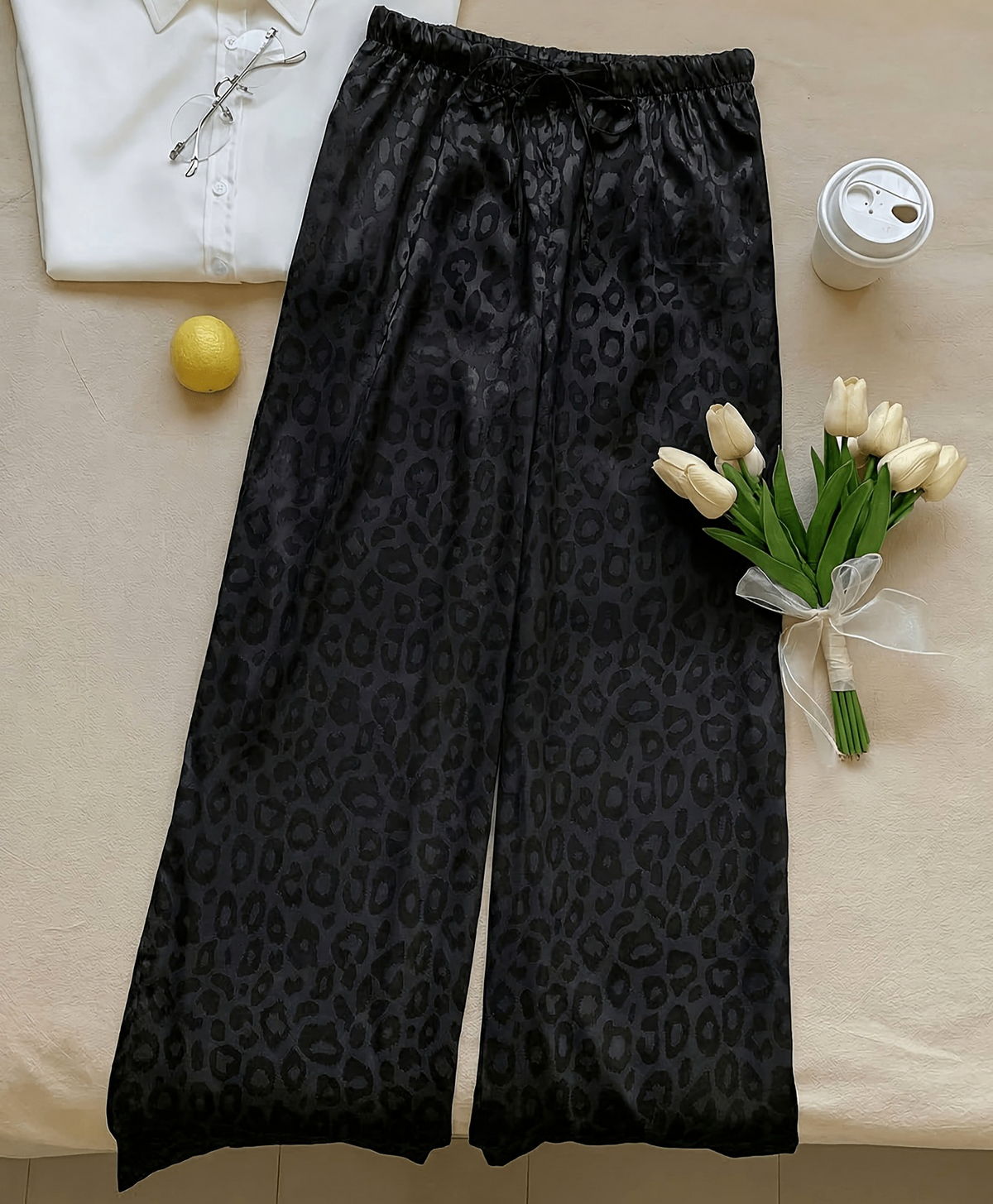 Leopard Jacquard Wide Leg Sleep Pants - Black