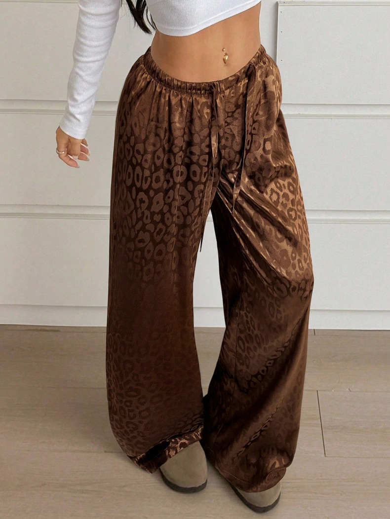 Leopard Jacquard Wide Leg Sleep Pants - Brown - 1