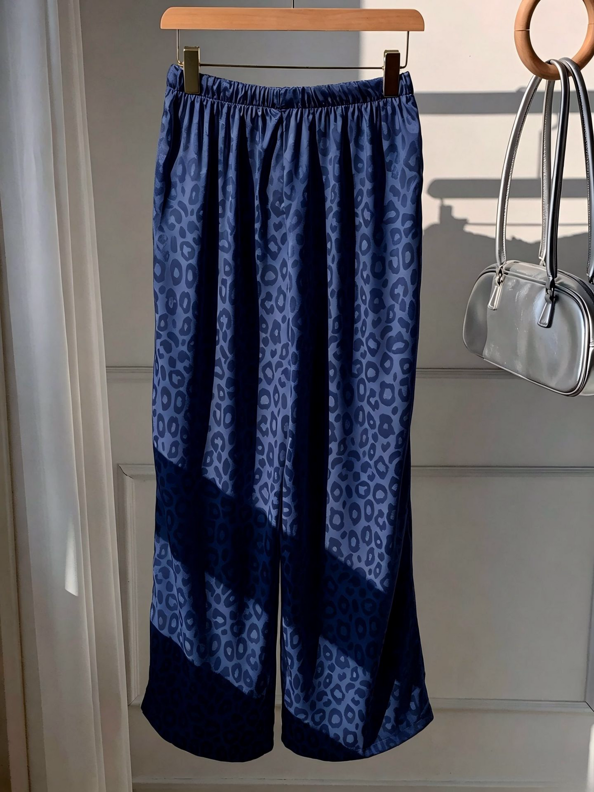 Leopard Jacquard Wide Leg Sleep Pants - DarkBlue - 1
