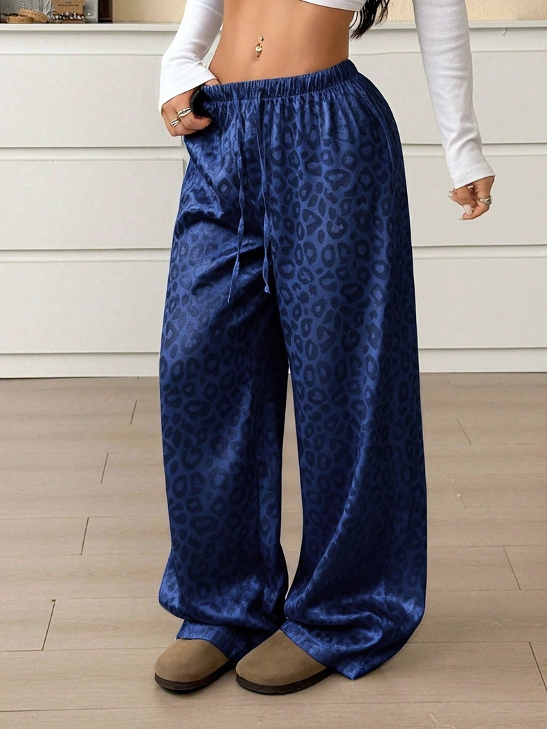 Leopard Jacquard Wide Leg Sleep Pants - DarkBlue - 2