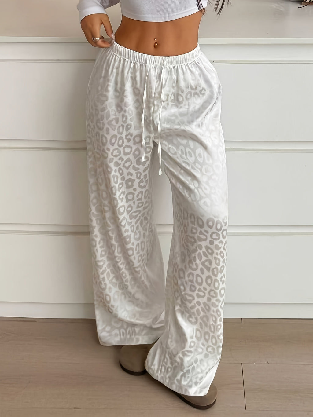 Leopard Jacquard Wide Leg Sleep Pants - White - 1