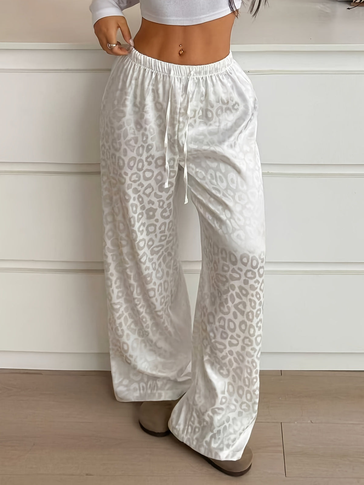 Leopard Jacquard Wide Leg Sleep Pants - White - 1