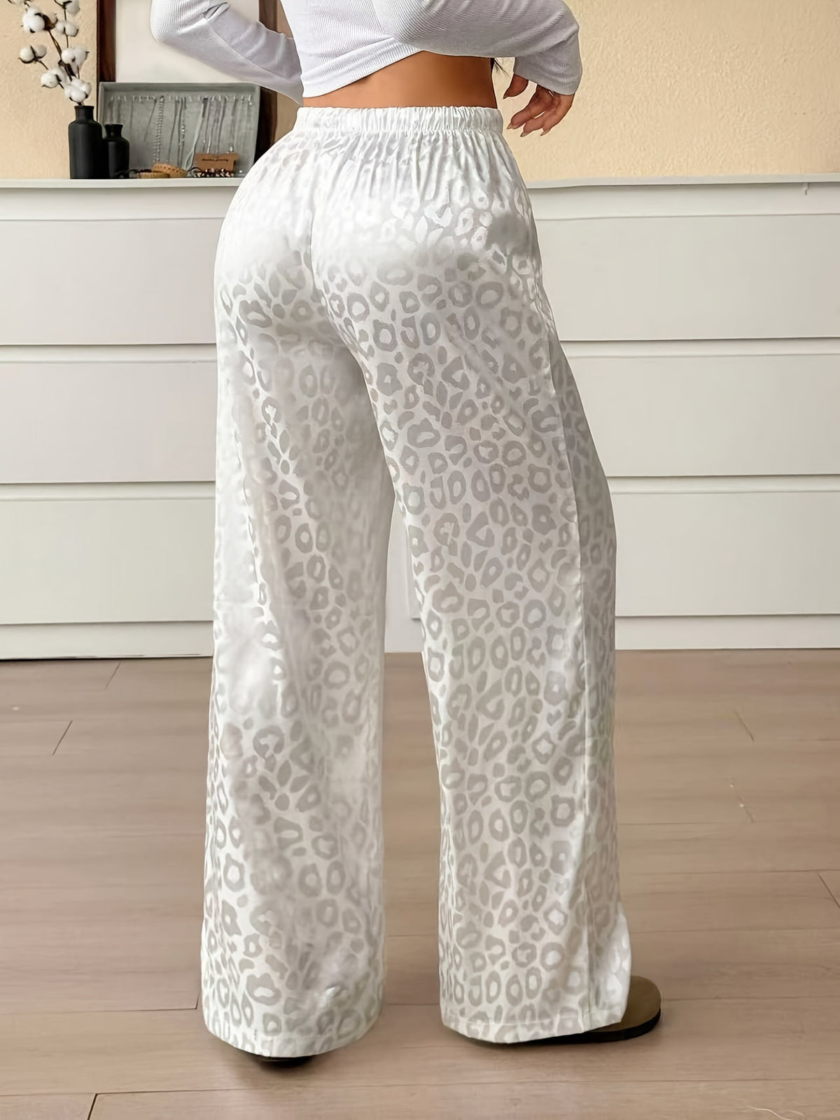 Leopard Jacquard Wide Leg Sleep Pants - White - 2