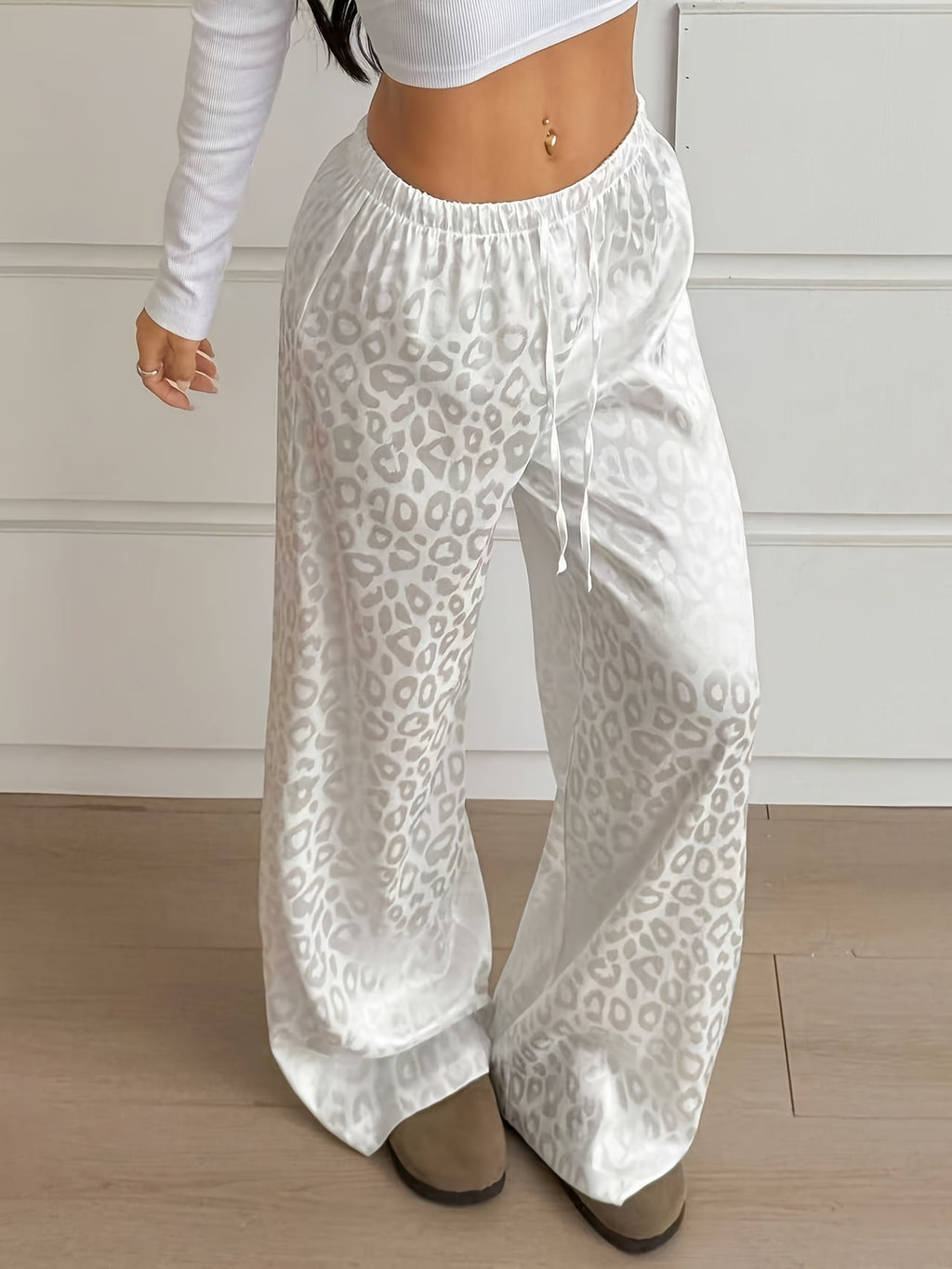 Leopard Jacquard Wide Leg Sleep Pants - White - 3