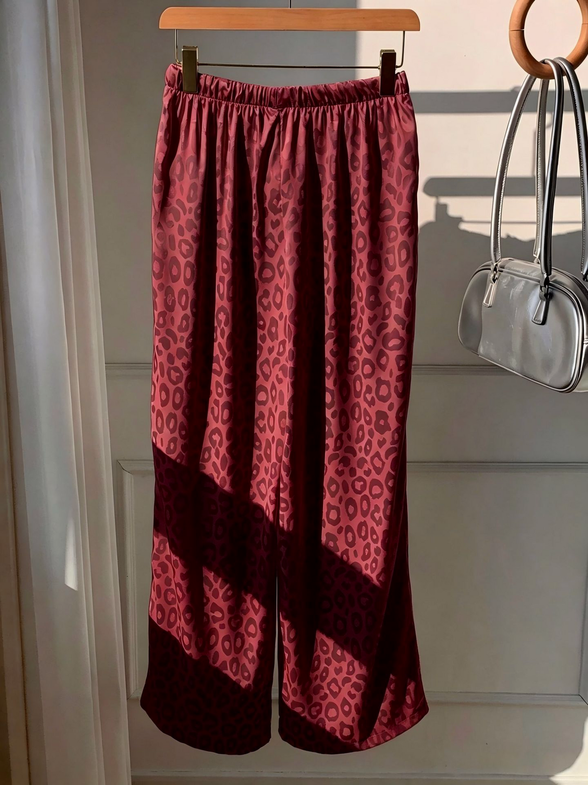 Leopard Jacquard Wide Leg Sleep Pants - Wine_red