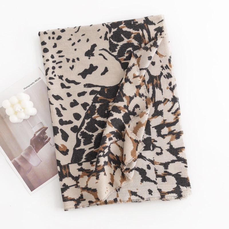 Leopard Print Fringed Winter Scarf - NO12