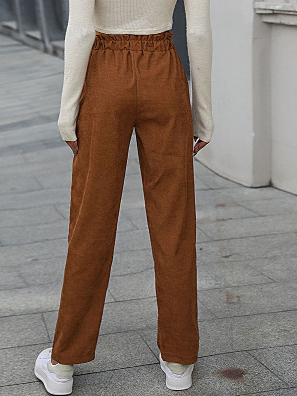 Paperbag Waist Corduroy Straight Leg Pants - Camel
