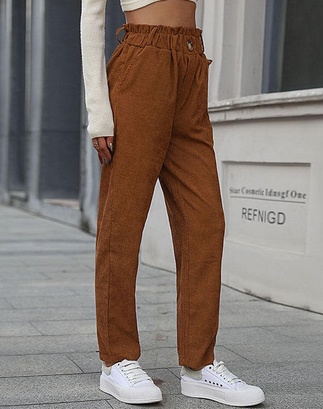 Paperbag Waist Corduroy Straight Leg Pants - Camel - 1