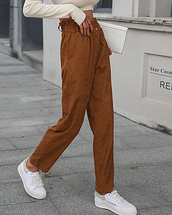 Paperbag Waist Corduroy Straight Leg Pants - Camel - 2