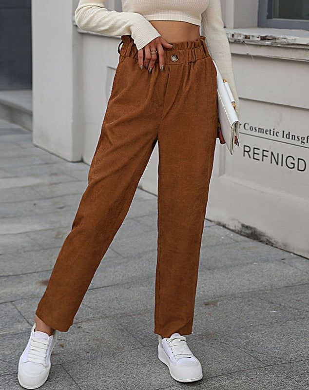 Paperbag Waist Corduroy Straight Leg Pants - Camel - 5