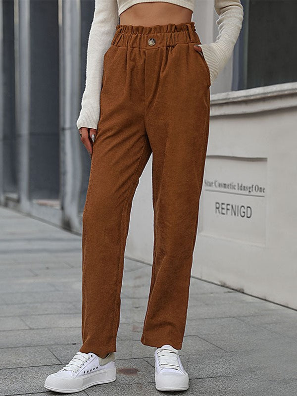 Paperbag Waist Corduroy Straight Leg Pants