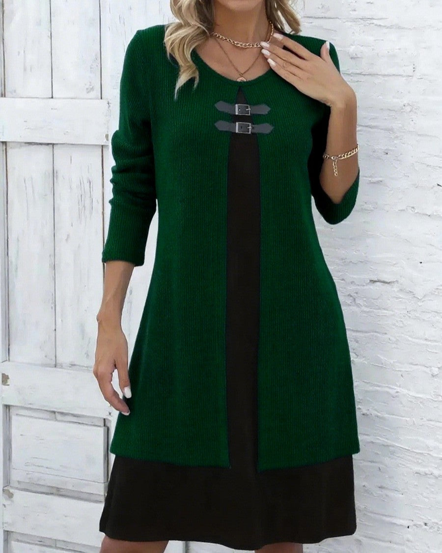 Toggle Detail Colorblock Long Sleeve Knit Dress - Dark-Green