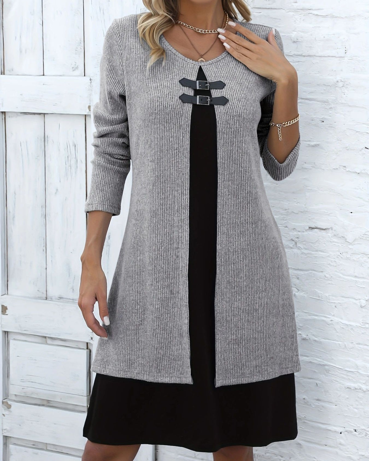 Toggle Detail Colorblock Long Sleeve Knit Dress - Grey