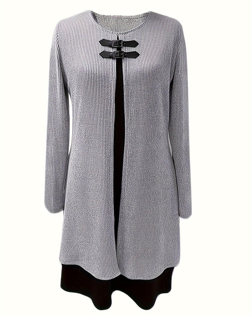 Toggle Detail Colorblock Long Sleeve Knit Dress - Grey - 1