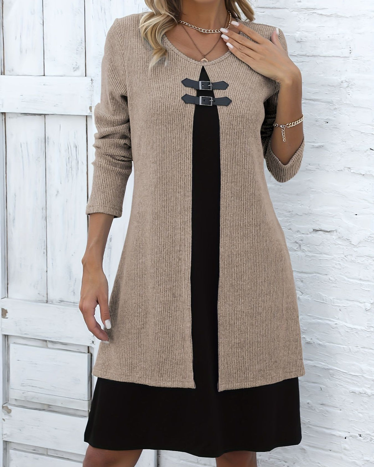 Toggle Detail Colorblock Long Sleeve Knit Dress - Khaki