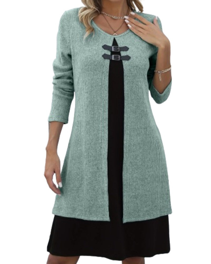 Toggle Detail Colorblock Long Sleeve Knit Dress - Light-Green