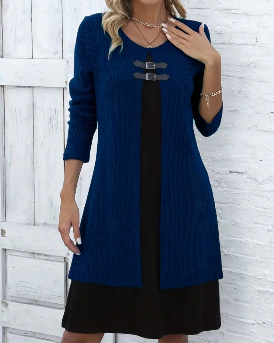 Toggle Detail Colorblock Long Sleeve Knit Dress - Navy-Blue