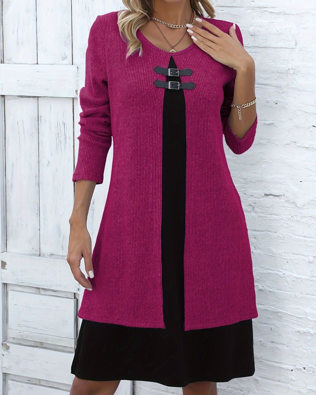 Toggle Detail Colorblock Long Sleeve Knit Dress - Rose-Red