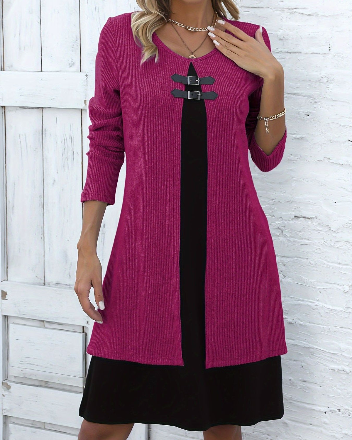 Toggle Detail Colorblock Long Sleeve Knit Dress - Rose-Red