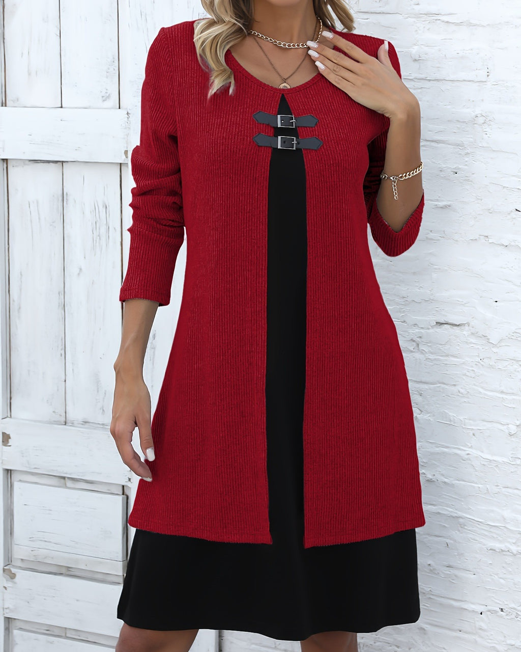 Toggle Detail Colorblock Long Sleeve Knit Dress - Wine-Red