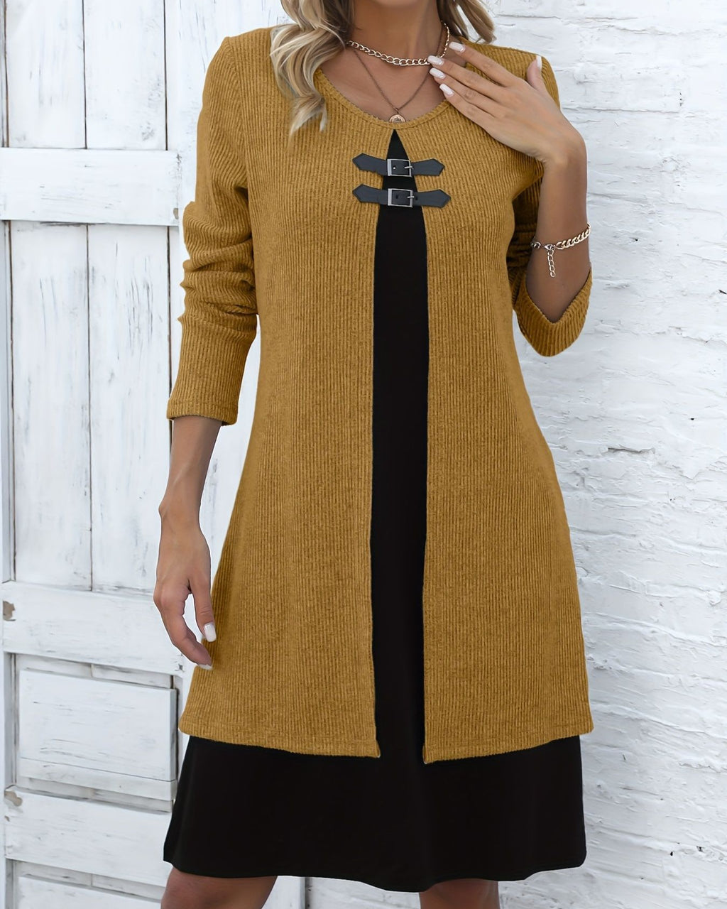 Toggle Detail Colorblock Long Sleeve Knit Dress - Yellow