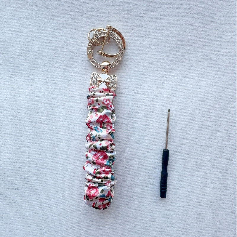 Crystal Bow Ruched Satin Keychain Wristlet - Floral