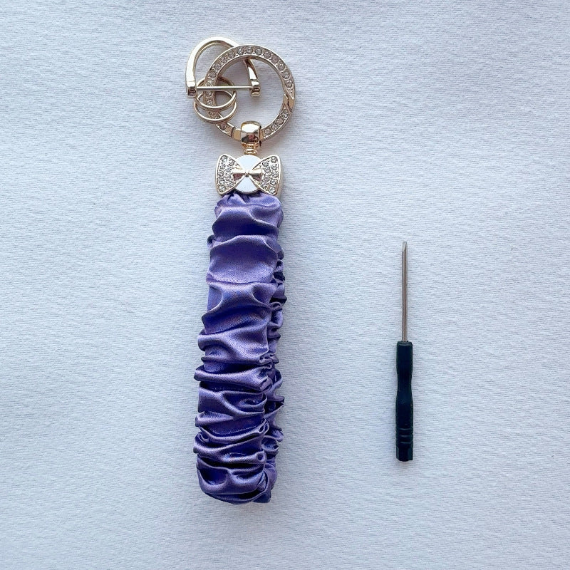 Crystal Bow Ruched Satin Keychain Wristlet - Purple