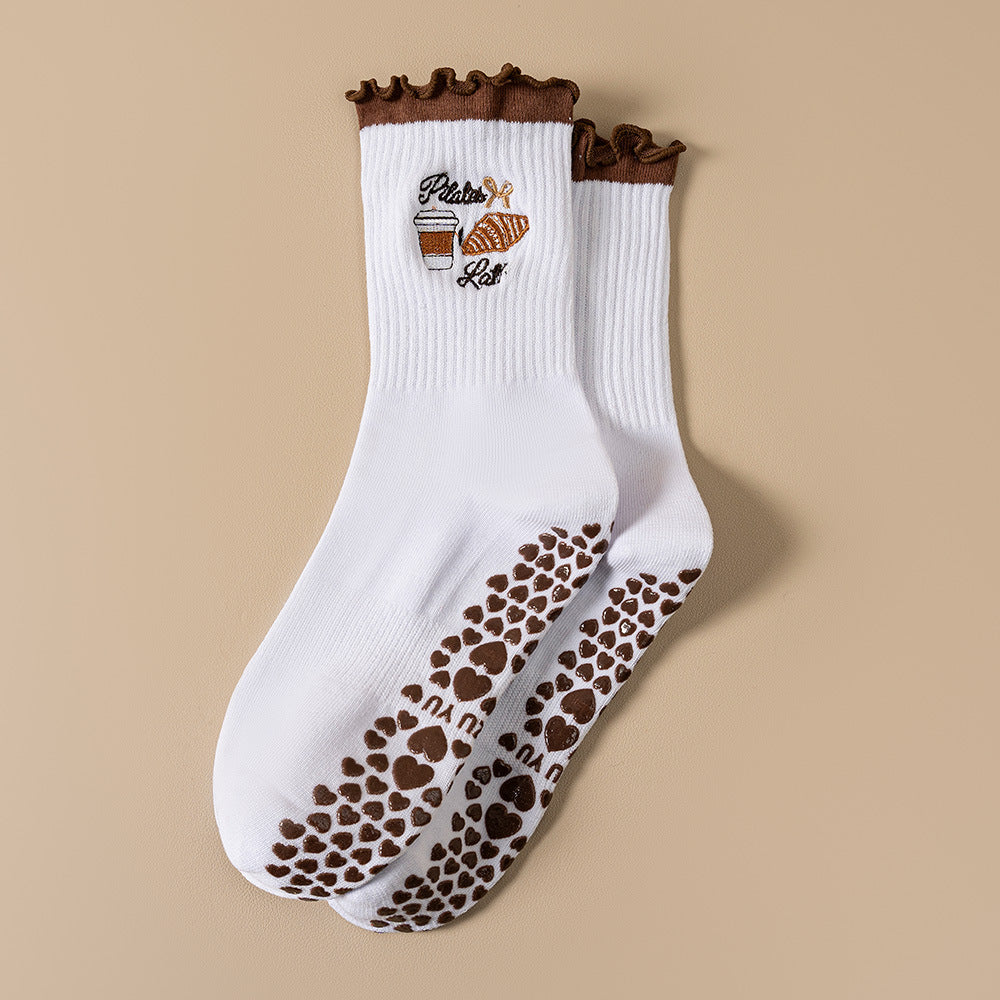 Fruit Embroidery Frill Cuff Grip Socks - Coffee