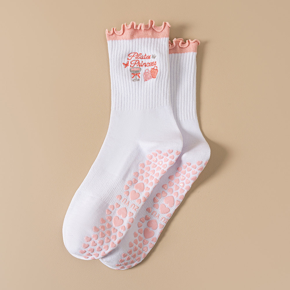 Fruit Embroidery Frill Cuff Grip Socks - Pink