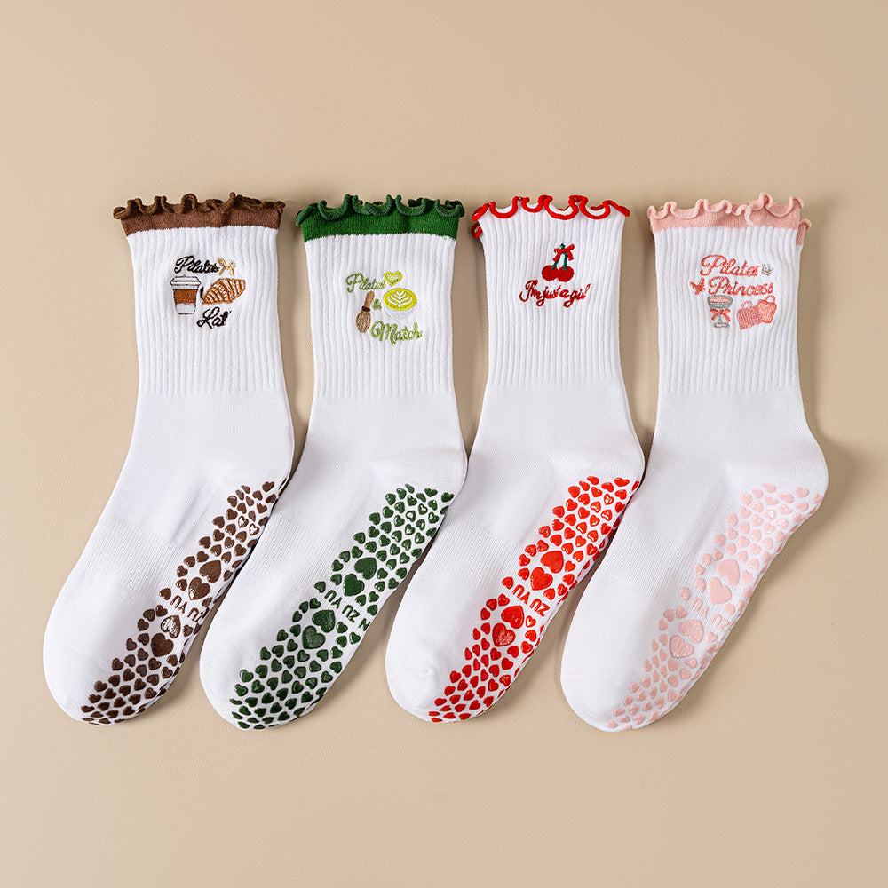Fruit Embroidery Frill Cuff Grip Socks - Red