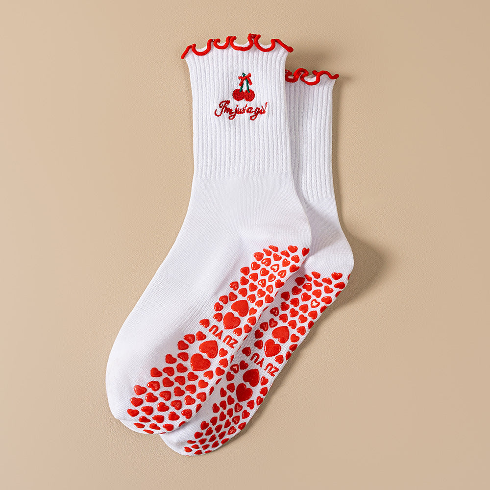 Fruit Embroidery Frill Cuff Grip Socks - Red - 1