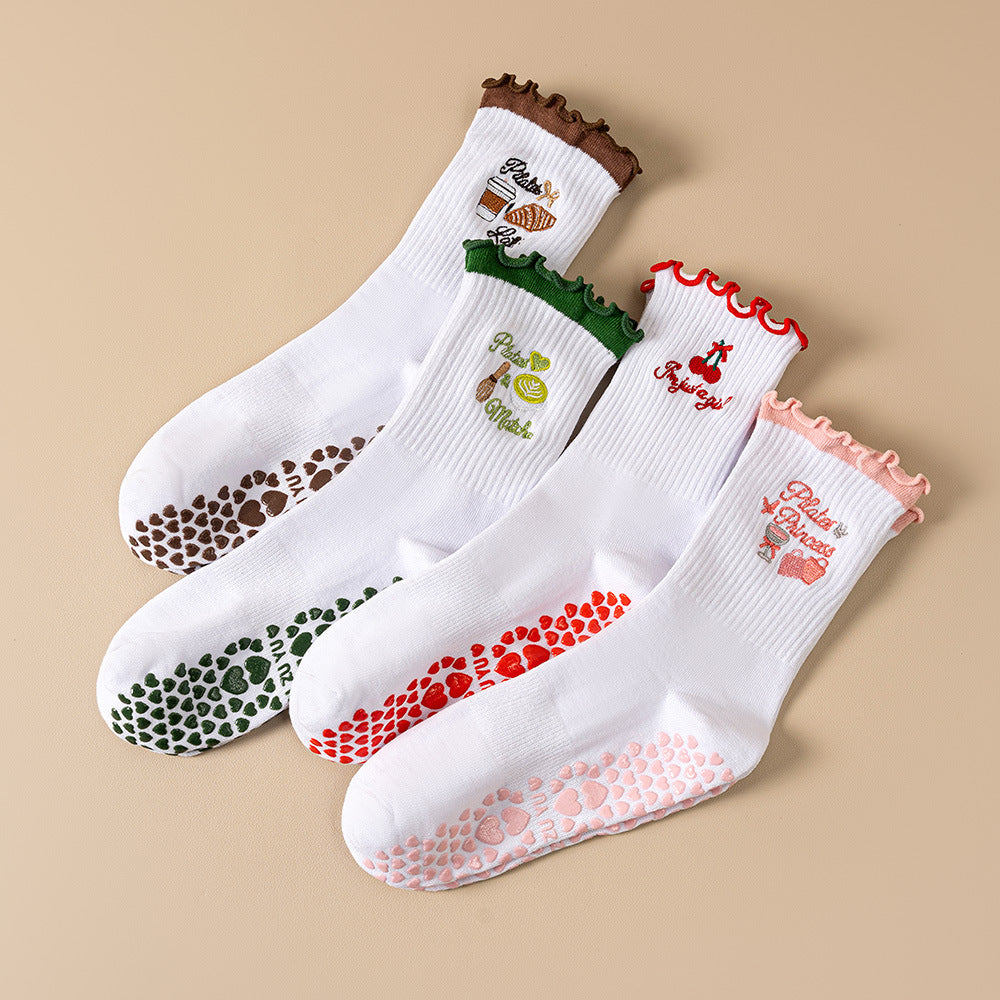 Fruit Embroidery Frill Cuff Grip Socks - Red - 2