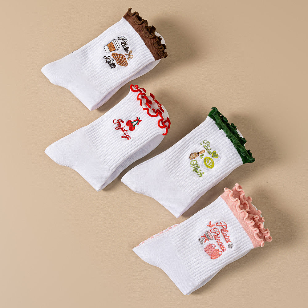 Fruit Embroidery Frill Cuff Grip Socks - Red - 3